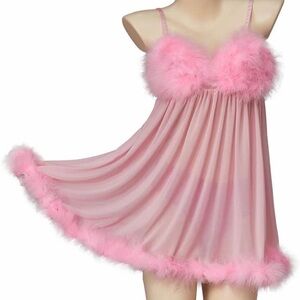 Pink marabou feather austin powers fembot babydoll dress lingerie Sz Small